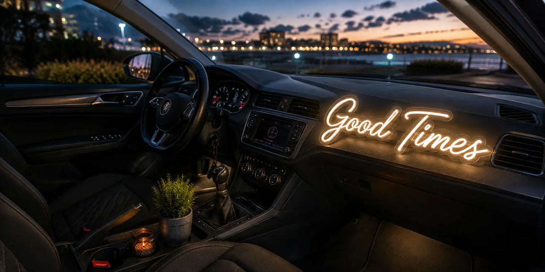 Dezenter LED-Schriftzug als Deko im Innenraum eines geparkten Autos bei Dämmerung
