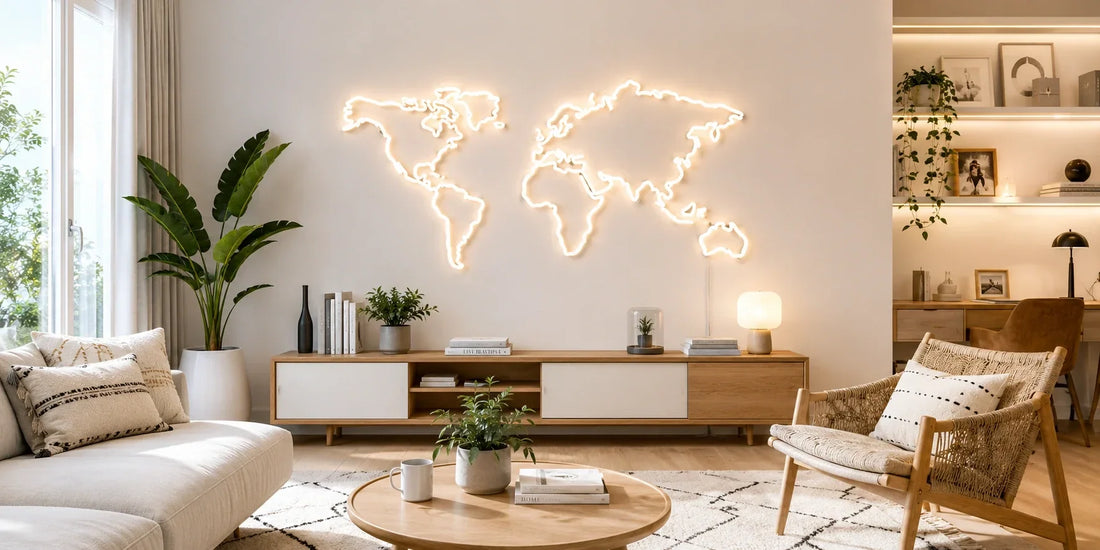 Leuchtende Neon-Wanddeko als Schriftzug über einem Sofa in einem stimmungsvoll beleuchteten Wohnraum