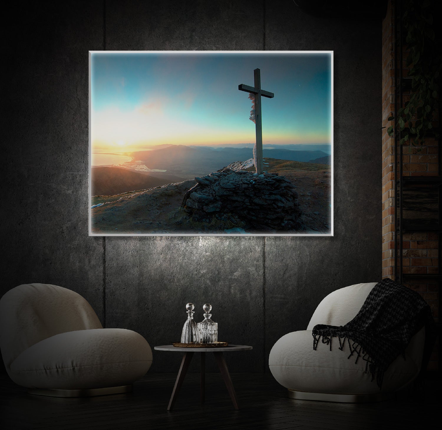 " Cross Sunset Landscape Grave Art" LED Leuchtbild