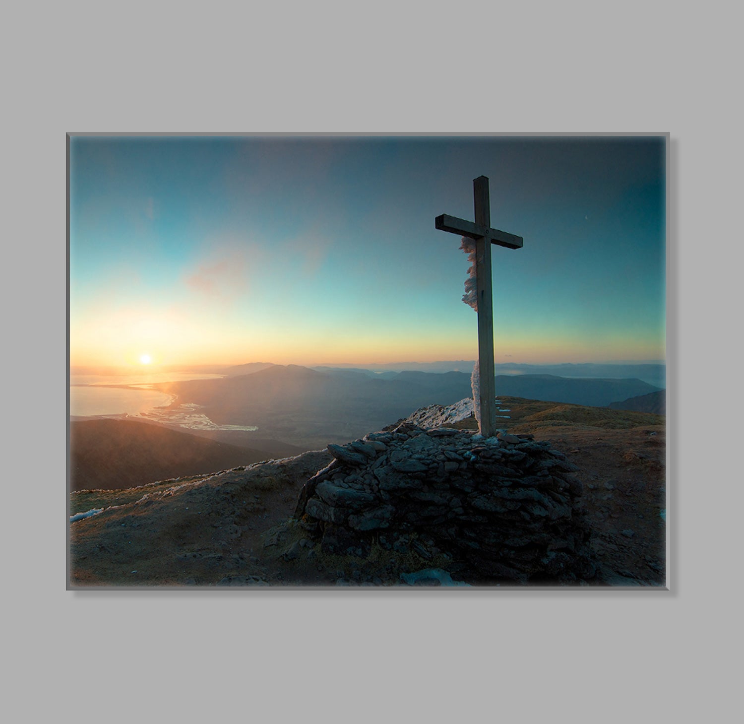 " Cross Sunset Landscape Grave Art" LED Leuchtbild